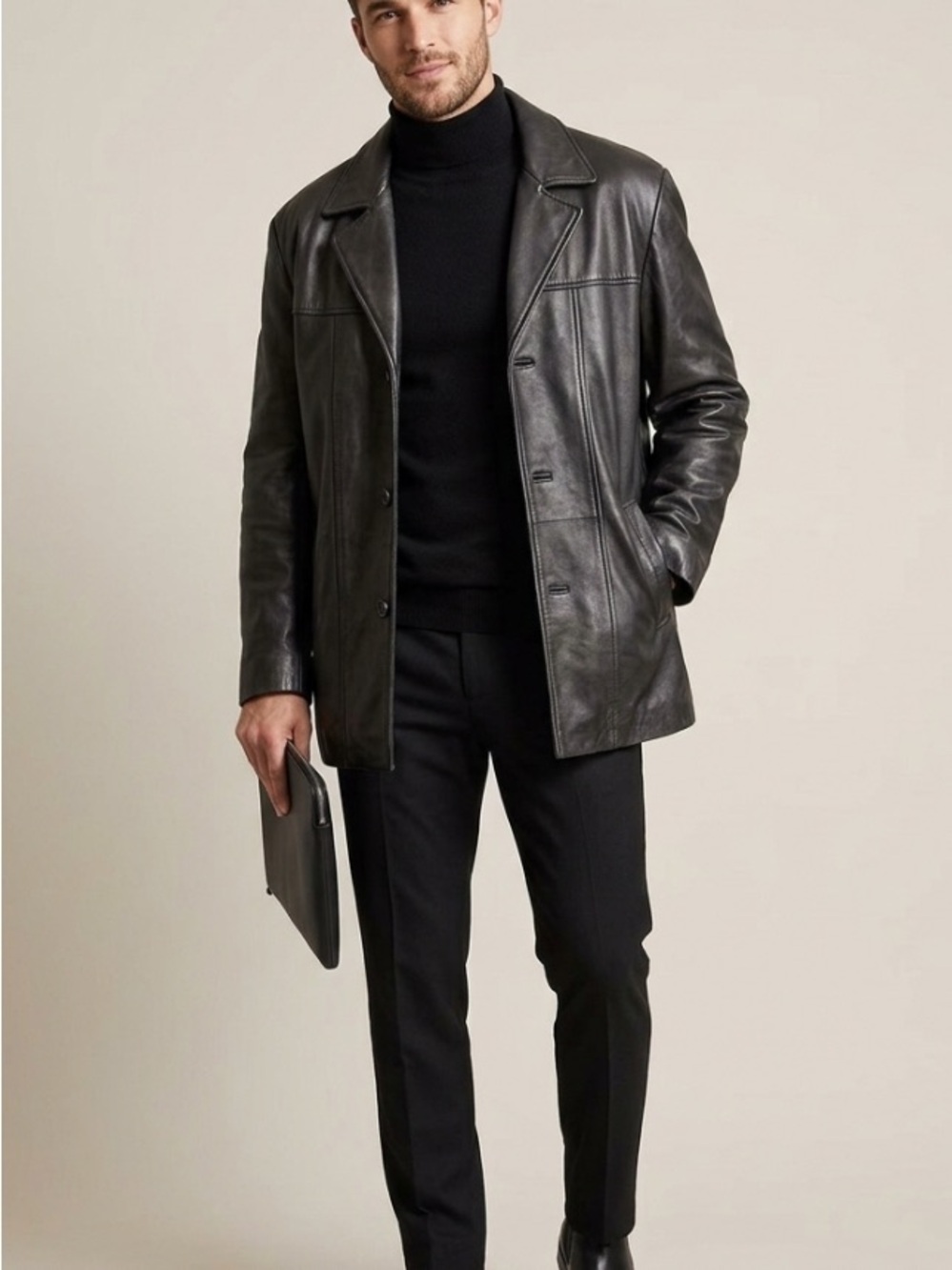 Men's Adler Lambs Skin Black Leather Three Button Jacket Size XL